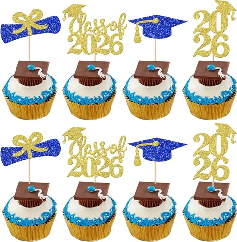 Vista 29 de Paquete de 24 adornos para cupcakes de clase de 2026 con purpurina 2026 para diploma de graduación 2026, selecciones para cupcakes para graduación