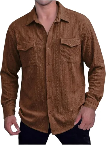 Vista 14 de Camisas con botones para hombre, casual, de manga larga, con cuello jacquard, texturizada, ligera, sobrecamisa, sobrecamisa