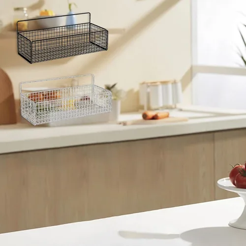 Vista 9 de Cestas colgantes de alambre de cocina, organizador de frutas negro para montaje en pared, sin perforaciones, soporte de metal pequeño para gabinete