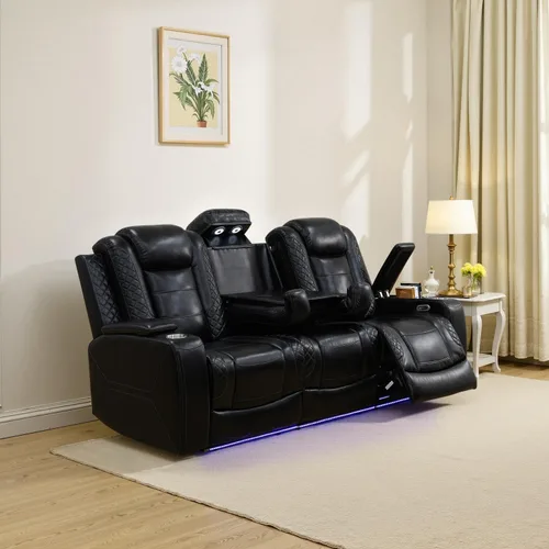 Vista 37 de Sofá reclinable con luces LED, sofá reclinable de cuero con dos asientos reclinables/puerto USB/consola de almacenamiento/soporte para vasos