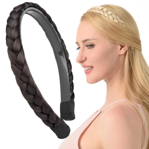 Vista 20 de Ancho de 1.5 cm Banda de pelo sintético trenzada estrecha con dientes para mujeres y niñas (Negro)