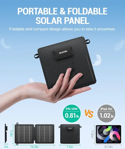 Vista 2 de BLAVOR Cargador solar portátil de 10 W (5 V/2 A máximo), pequeño panel solar plegable con salidas USB-C USB-A compatibles con tableta de teléfono