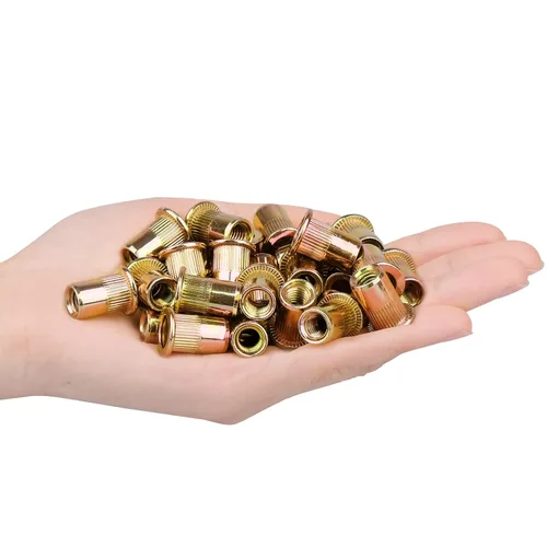 Vista 6 de Tuercas de remache de 3/8 "-16 tuercas remachables de acero al carbono roscadas para metal 3/8-16UNC tuercas cuerpo moleteado de cabeza plana, 50