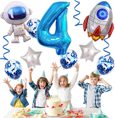 Vista 6 de Globos de cumpleaños de cohete de astronauta, globo de fiesta de espacio exterior, globos gigantes de papel de aluminio de 32 pulgadas, globo azul