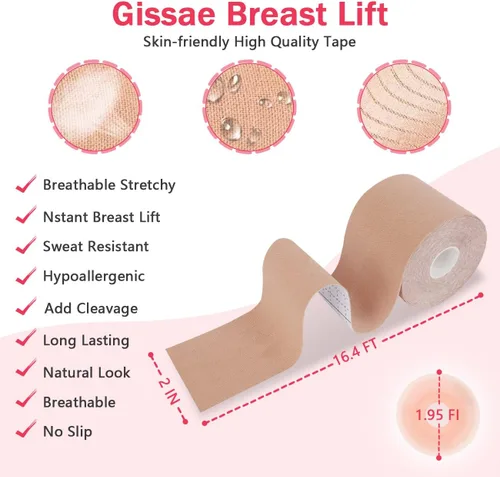 Vista 2 de Gisaae Boobytape - 2 cintas adhesivas reutilizables para pezones 4 unidades cinta transpirable Bob para levantar senos grandes copa A-G