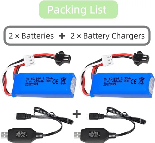 Vista 3 de Paquete de 2 baterías de iones de litio de 7.4 V 450 mAh 20C RC para WLtoys K969 K979 K989 K999 P929 P939 RC Car RC Boat con junta SM-2P y cable