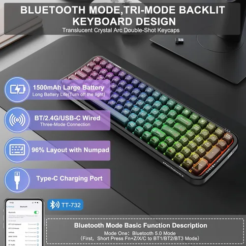 Vista 2 de FOPETT Teclado inalámbrico para computadora con retroiluminación RGB, Bluetooth 5.0/USB-C/2.4 GHz, teclado ergonómico para juegos, tapa transparente