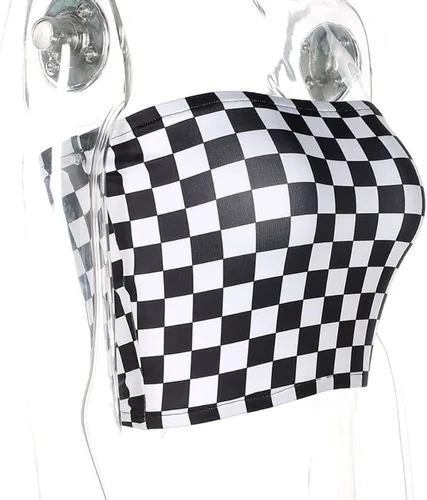 Vista 4 de Women Black and White Plaid Sexy Strapless Tube Top