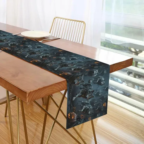 Vista 7 de Halloween Pumpkin and Wolf Decorative Table Runner Boho, 13x70inches, Table Decorations Reusable Dining Room Table decoracion para mesa de Centro