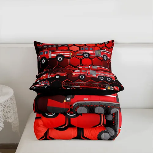 Vista 7 de Erosebridal Juego de edredón de camión de bomberos para niños, juego de ropa de cama de panal rojo brillante con diseño de panal de abeja