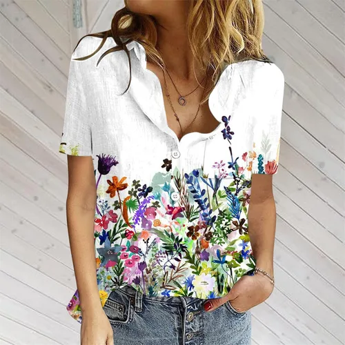 Vista 7 de SMIDOW Blusas de talla grande para mujer, estilo casual, de verano, de lino y algodón, estilo bohemio, estampado floral, con botones