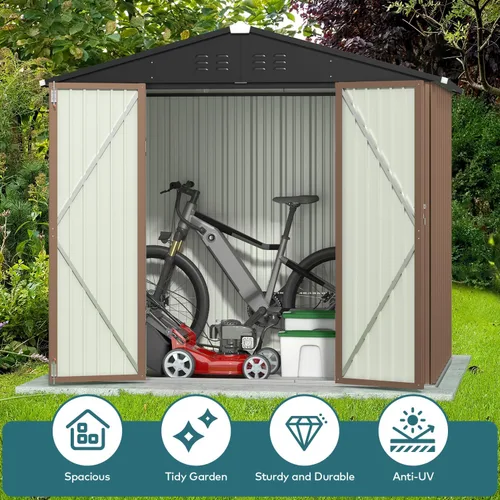 Vista 3 de Gizoon Cobertizo de almacenamiento para exteriores de 8 x 6 pies, cobertizo de jardín de metal galvanizado con puertas dobles con cerradura, Marrón