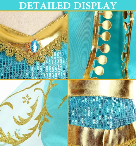 Vista 8 de Disfraz de jazmín para niñas, vestido de princesa árabe, para fiesta de cumpleaños, carnaval, juego de ropa de cosplay de jazmín