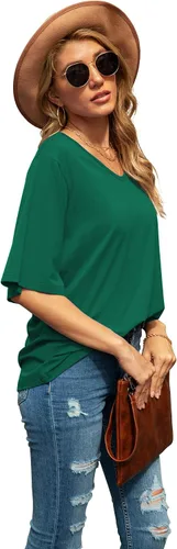 Vista 4 de SUEANI - Camiseta de cuello en V para mujer, diseño holgado con manga 34 acampanada