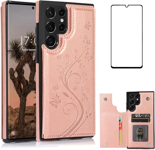 Vista 10 de Asuwish Funda para Samsung Galaxy S22 Ultra con protector de pantalla de vidrio templado, funda de cuero con soporte para tarjetas, doble cierre