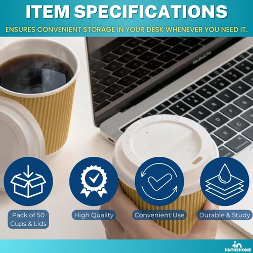 Vista 8 de Tazas de café desechables con tapas, tazas de papel de 10 onzas, pared ondulada aislada, paquete de 50