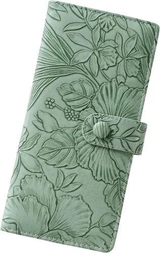 Vista 18 de Unilily Cartera delgada para mujer, con bloqueo RFID, de piel vegana, plegable, tarjetero con 2 ventanas de identificación y bolsillo con Lila