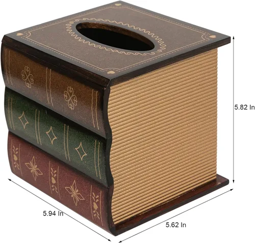 Vista 4 de Caja de pañuelos de madera de diseño clásico retro, cubierta de libro antiguo, dispensador cuadrado, soporte de papel, estuche para servilletas