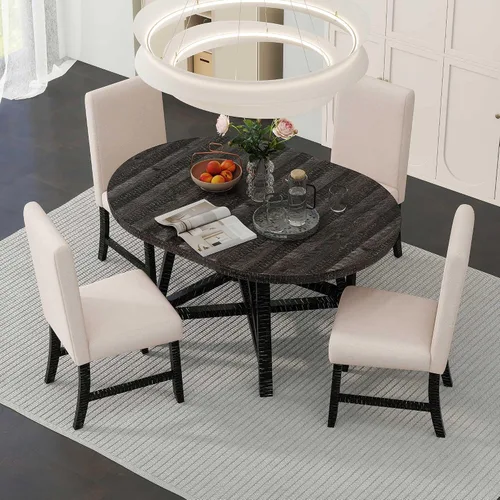 Vista 10 de VilroCaz Juego de comedor funcional retro de 5 piezas, mesa de comedor extensible de madera maciza con una hoja de 16 pulgadas y 4 sillas tapizadas