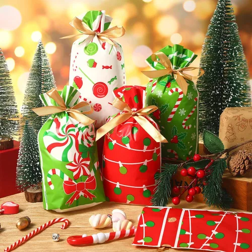 Vista 4 de Funrous Bolsas de Favor con Cordón de Navidad Bolsas de Plástico para Dulces y Golosinas de Navidad para Niños Cumpleaños Envoltorio de Aperitivos