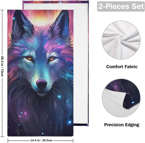 Vista 2 de Juego de 2 toallas de baño de color morado, remolques de mano de lobo, toallas de baño, toallas suaves y absorbentes para baño, cocina, gimnasio
