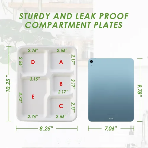 Vista 5 de Vplus Platos 100% compostables con 5 compartimentos, paquete de 125 platos ecológicos desechables de caña de azúcar de 10 x 8 pulgadas, bandeja