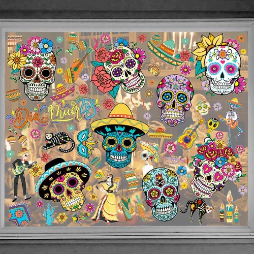 Vista 6 de 9 calcomanías para ventana de cristal del Día de los Muertos para ventanas de vidrio, removibles, calcomanías de doble cara con calavera de azúcar