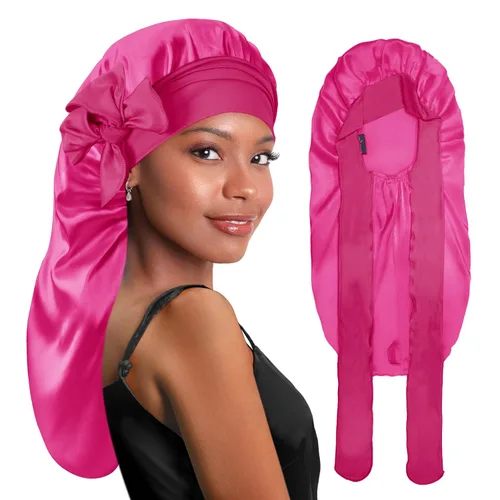 Vista 18 de BONNET QUEEN Gorro de Trenza de Seda Gorro Plegable Extra Largo para Trenzas con Banda de Atar, Capó de Satén Largo para Dormir, Verde Oscuro