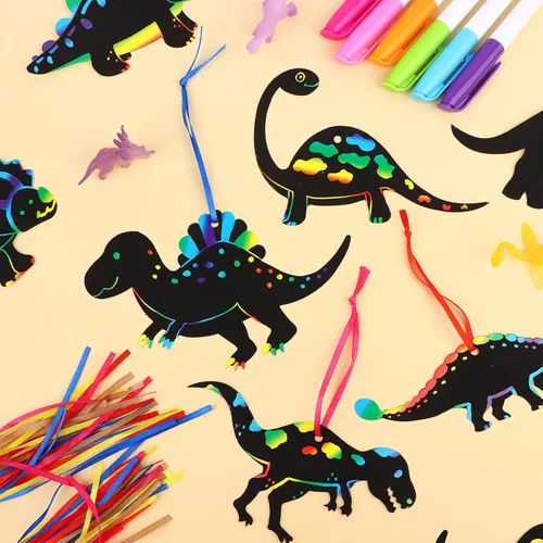 Vista 5 de Droutti Juego de 64 tarjetas de rascar con temática de dinosaurio, papel para rascar arco iris, kit de tarjetas de arte de dinosaurio, papel