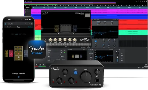 Vista 10 de Paquete completo de grabación Fender Quantum con interfaz USB Quantum LT2, micrófono, altavoces, auriculares y software de grabación. Paquete todo