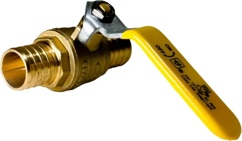 Vista 4 de XFITTING Paquete de 10 válvulas de bola Pex Barb de 1 pulgada, mango amarillo, válvula de bola Pex de puerto completo, latón