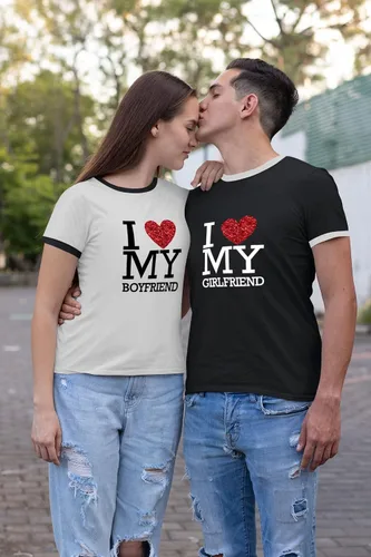 Vista 7 de TSIPR Camiseta I Love My Girlfriend GF con texto en inglés "I Love My Boyfriend BF con purpurina y corazón a juego para parejas, regalos del día
