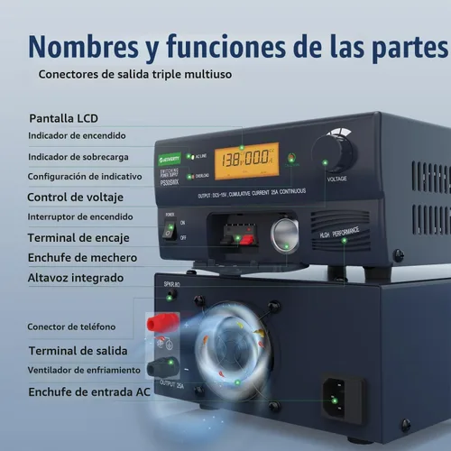 Vista 2 de PS-30SWX fuente de alimentación universal de banco regulada DC, convertidor de energía AC a DC, 13.8V (5-15V ajustable) 30A (máx.), con conector