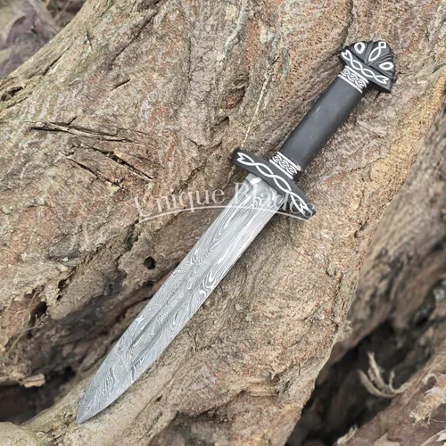 Vista 5 de Espada de daga vikinga, acero de Damasco de 16 pulgadas, espada corta de doble filo de espiga completa con mango de madera y vaina