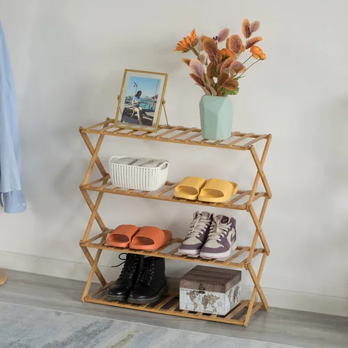 Vista 2 de Basicwise Zapatero plegable de bambú y estante de almacenamiento, organizador de madera multiusos para entrada, armario o sala de estar, soporte