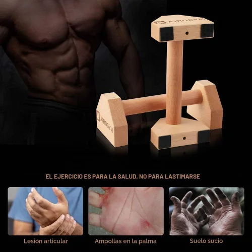 Vista 6 de Soporte de flexión, 2 barras de madera para flexiones, base antideslizante, equipo de entrenamiento en casa, 11.8 pulgadas, mango de paraletas