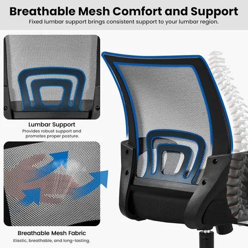 Vista 5 de Yaheetech Silla de oficina de malla con respaldo medio, ajustable, ergonómica, silla de trabajo para computadora, giratoria rodante con soporte