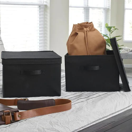 Vista 2 de Household Essentials Caja de almacenamiento cuadrada KD con tapa, 15 x 15 x 10 pulgadas, lino negro, juego de 2