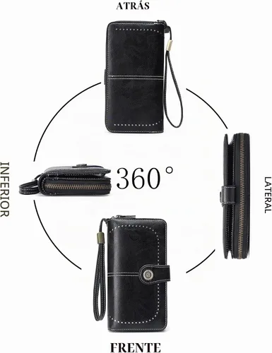 Vista 6 de Billetera de cuero para mujer, de gran capacidad, con cremallera, cartera con cremallera para mujer 1-negro