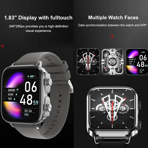 Vista 4 de Tuanzi T22 - Reloj inteligente 2 en 1 de 1.83 pulgadas con auriculares TWS inalámbrico Bluetooth Combo Bluetooth Llamada Bluetooth Frecuencia
