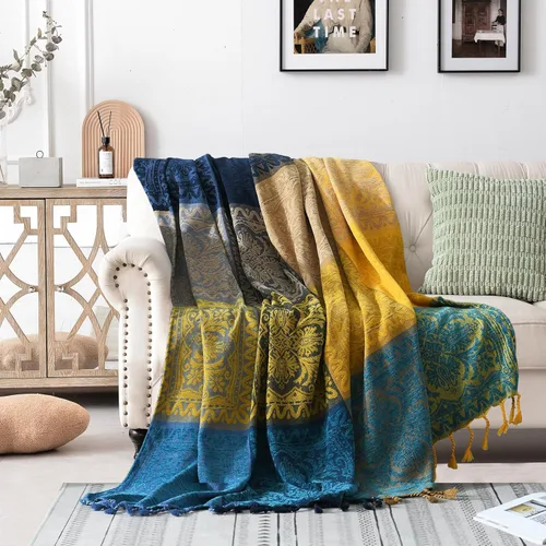 Vista 10 de Manta Boho, Manta de Chenilla Jacquard con Borlas para Cama Sofá Silla Suave, Borlas con Flecos Bohemias (Negro, S:60x75)