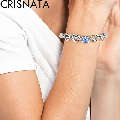 Vista 5 de CRISNATA Dijes con estampado de patas de cachorro con cristal Brithstone, plata de ley 925, cuentas de corazón con estampado de patas, se adapta a