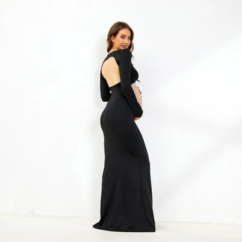 Vista 8 de AIFOTO Vestido de maternidad sexy expuesto vientre de manga larga sin espalda cuello cuadrado recortado vestidos de fotografía vestidos de sesión