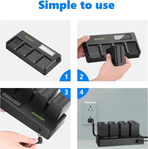 Vista 4 de Neewer Cargador de Batería de 4 Canales NP-F con Pantalla LCD y Adaptador de Energía, Compatible con Baterías Li-ion de Sony NP-F550 F570 F750 F770