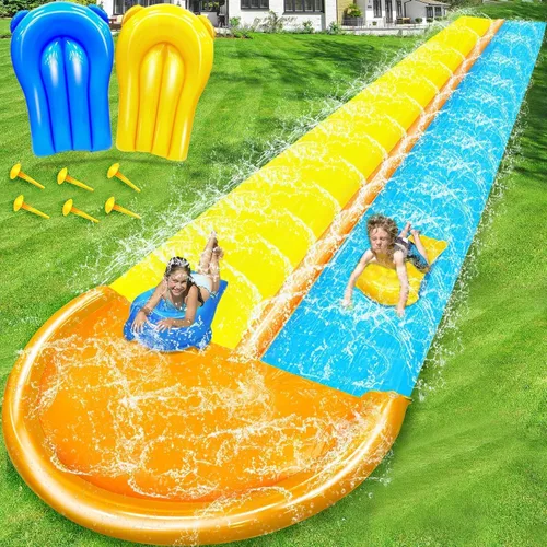 Vista 7 de Valla segura de 3 caras: toboganes de agua de césped de sandía con 2 tablas de bodyboards para niños y adultos, juguetes de agua resistentes