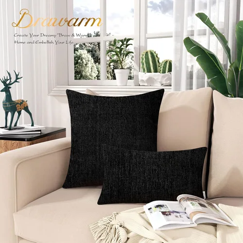 Vista 3 de BRAWARM Fundas de almohada 40x40 cm - Paquete de 2 fundas de almohada de chenilla negra, fundas de almohada de chenilla suave teñida sólida