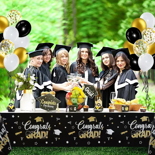 Vista 6 de Breling 53 piezas de decoraciones de graduación 2026 Congrats Grad telón de fondo, mantel de globos de látex de felicitaciones para suministros