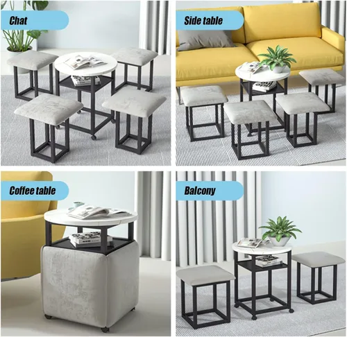 Vista 6 de Mesa de comedor combinada 5 en 1 con 4 taburetes, mesa auxiliar anidable que ahorra espacio, taburete otomano apilable, reposapiés, sofá y mesa