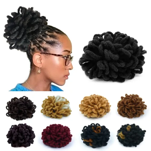 Vista 16 de Moños de Cola de Caballo con Cordón Negro Marrón Loc para Mujeres Negras Moño Rizado de Pétalo Loc Cola de Caballo de Rastas Trenzas Faux Locs Moño