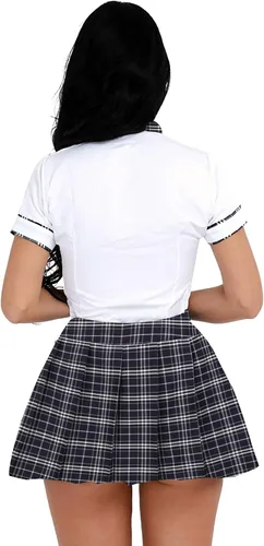 Vista 4 de Alvivi Uniforme de colegiala para mujer, disfraz japonés, falda plisada de marinero con camisa y corbata